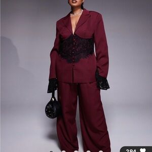 ASOS LUXE Curve tailored blazer with lace corset detail in dark cherry